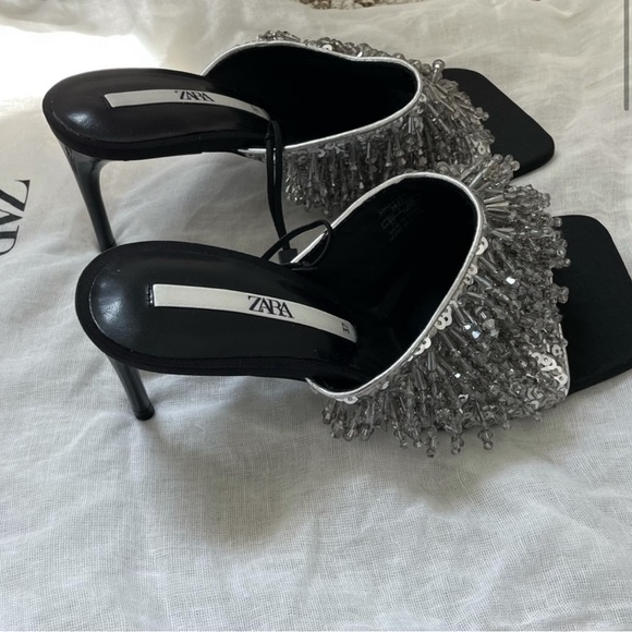 NWT Zara Party Sandals Heels Size 7.5 Open Toe Beaded Sparkly Slip On Sandals - Picture 3 of 11